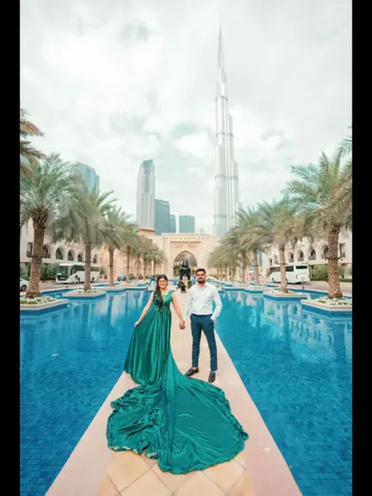 Your dream wedding journey can start anywhere in the world. This pre-wedding shoot in Dubai, with the iconic Burj Khalifa as the backdrop, is an example of the global luxury weddings we cater to.