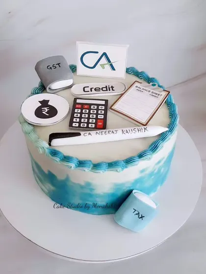 A chartered accountant themed cake. I included all the important elements like a calculator, balance sheet, and logos for GST and the rupee.