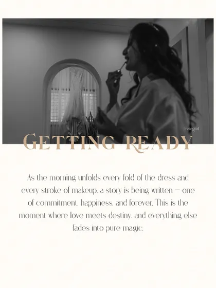 A beautiful graphic capturing the essence of the "getting ready" process, with a bride applying lipstick and her dress in the background.