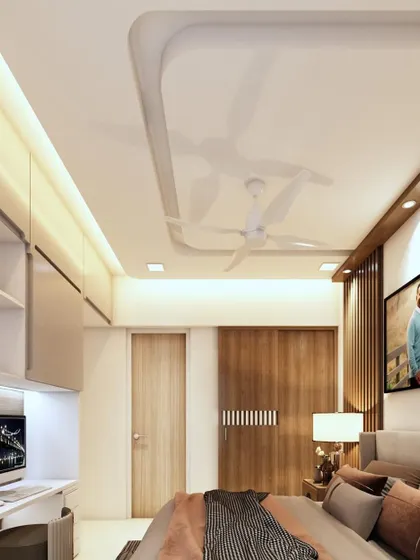 Another view of the 3D bedroom concept, highlighting the false ceiling design and the seamless integration of the wardrobe and study unit. This is how I plan for a cohesive final look.