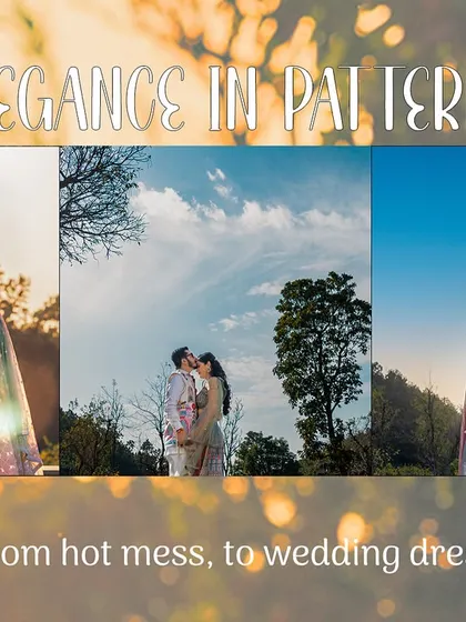 A collage showcasing different moods from a mountain pre-wedding shoot, from intimate moments to grand, wide-angle shots against the sky.