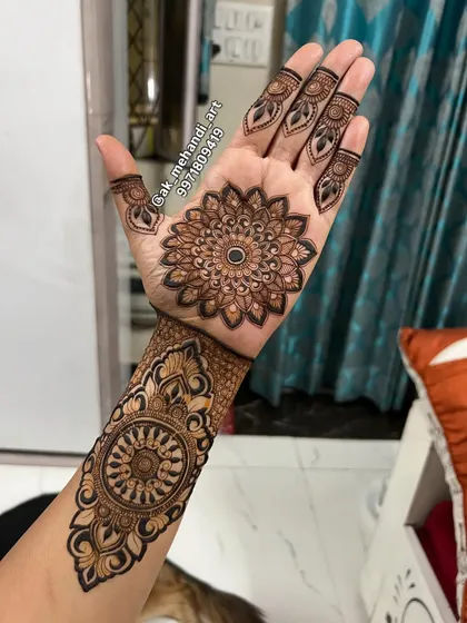 A beautiful mandala and wrist design, perfect for Raksha Bandhan. The clean lines and intricate details are my signature.