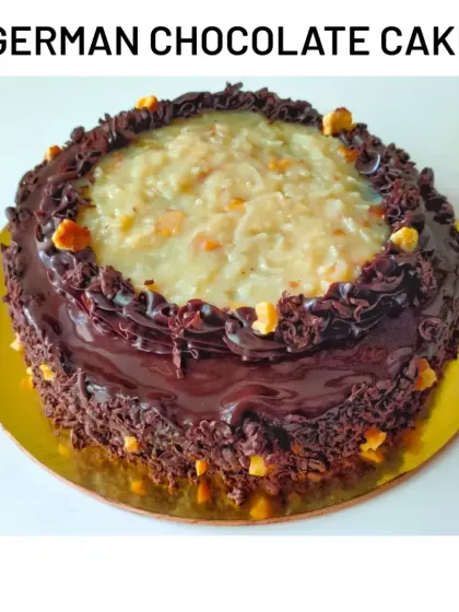 My take on the classic German Chocolate Cake. It features layers of moist chocolate cake with a rich coconut-pecan filling and chocolate ganache.