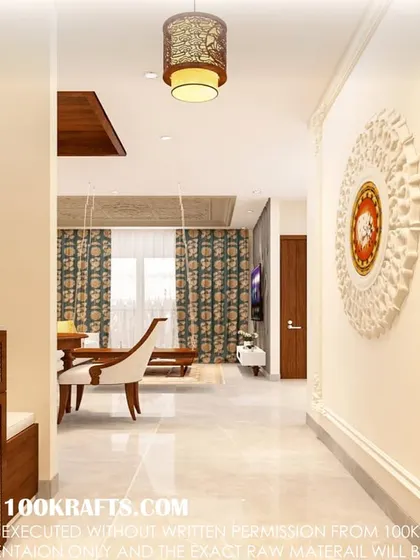 An entryway from our 'Royal Traditional' project, featuring a beautiful wall mural, a rattan-front console, and a traditional wall medallion.