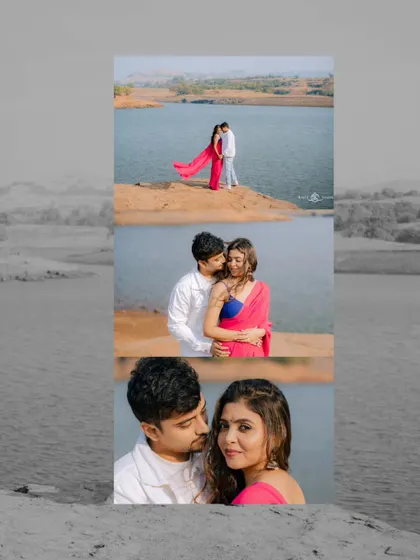 A vertical collage showcasing the scale and romance of a lakeside pre-wedding shoot, from wide shots showing the landscape to intimate close-ups.