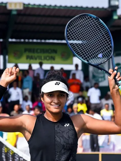 Celebrating my win at the ITF W25 Solapur tournament. This was my third pro singles title and a big step in my career, especially as it included my first win against a top 200 player.