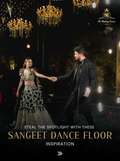 Your Sangeet night deserves a spotlight. I create stunning dance floor setups and ambient lighting, like these golden chandeliers, to ensure you and your performances shine all night long.