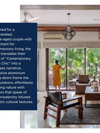 An excerpt from the Home Publication feature, describing how we designed the home for a well-traveled couple, blending clean modernism with rich cultural textures and expansive sliding doors.