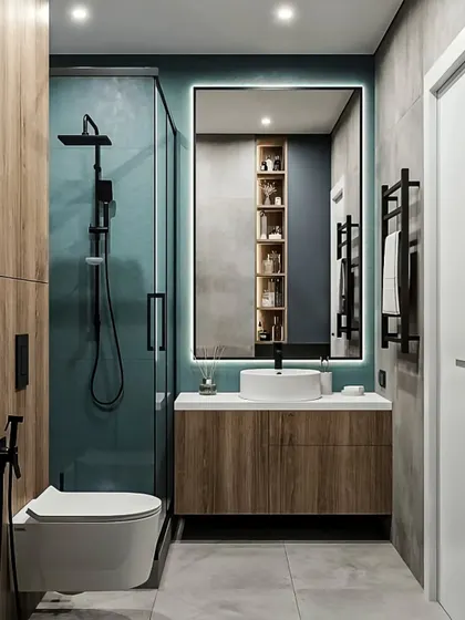A sleek, modern bathroom with a walk-in shower and matte black fixtures. The combination of wood-paneled walls and a teal accent color creates a sophisticated and calming space.