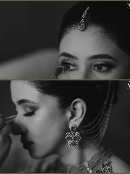 A black and white collage capturing the final touches of the bride's makeup. These close-up shots are intimate and artistic, focusing on the details and the skill of the makeup artist.