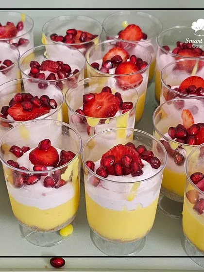 A close-up of our beautiful fruit and cream dessert cups, a light and elegant dessert option.