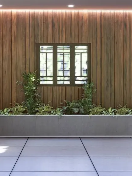 An identical view of the decorative wall in the parking area.