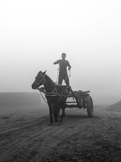 A lone worker with his horse and cart emerges from the morning fog at a brick kiln. The atmospheric, monochrome image has a timeless, almost mythical quality.