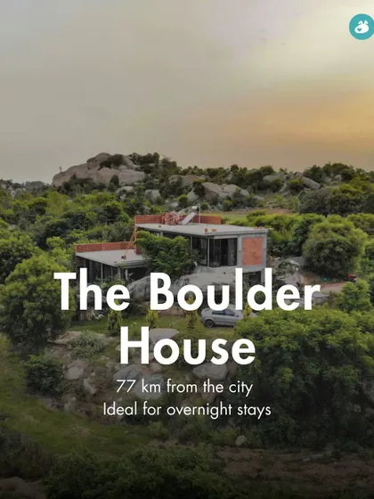 The Boulder House, 77 km from Bangalore, is a unique architectural stay set in a rocky landscape, perfect for adventurous pets.