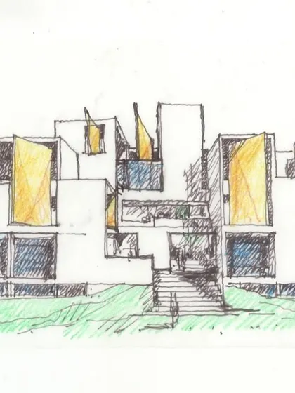 A colored sketch of a facade option for VIT, showing a more refined version of the projecting box concept.