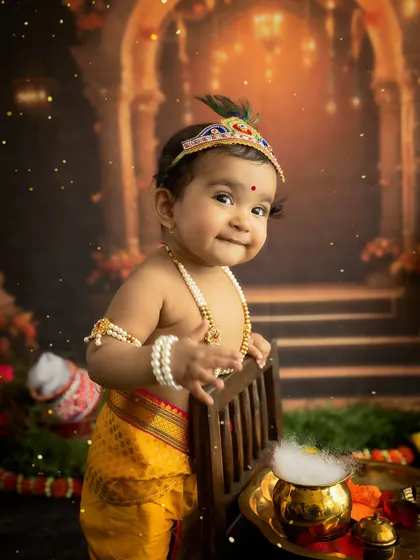 A cheeky smile from our little Makhan Chor. This close-up shot captures the playful spirit of the Krishna theme perfectly.