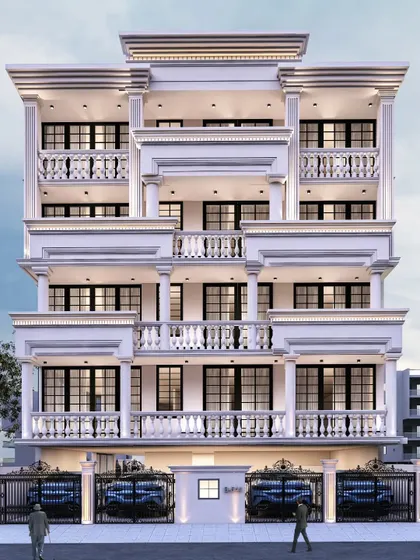 A residential building in a classical architectural style, featuring ornate balustrades, symmetrical window placements, and detailed cornices. The design evokes the grandeur of colonial-era architecture.