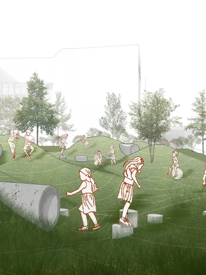 Our illustration shows the vision for an interactive, playful environment at the school. The design features undulating mounds, stepping stones, and embedded tunnels to encourage active exploration and imaginative play.