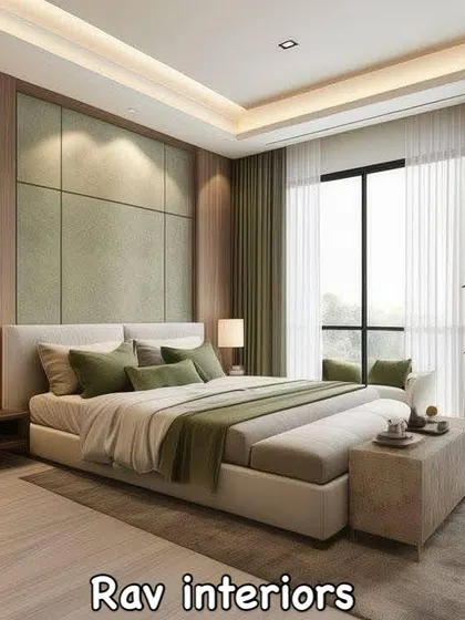 This master bedroom is a perfect example of a serene retreat. We used a soothing green and wood theme, with a floor-to-ceiling upholstered headboard, ambient bedside lighting, and large windows to create a connection with the outdoors. It’s a space designed for ultimate rest and relaxation.