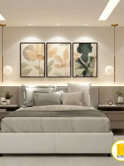 A frontal view of the bed, highlighting the artwork and lighting.
