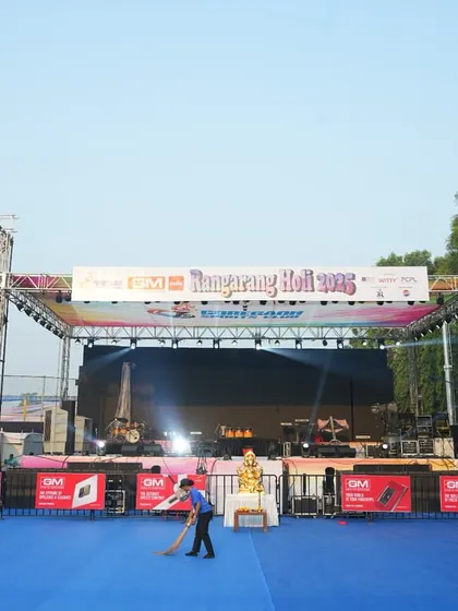 The calm before the storm. Our crew performs final checks and cleanup at the Ranga Rang Holi venue before the gates open to thousands of guests.
