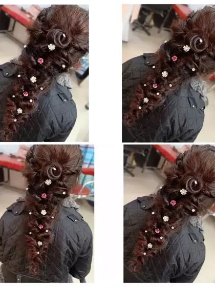 This collage showcases the detail that goes into our hairstyling module. Our students learn to create complex braids and updos, mastering techniques for sectioning, weaving, and accessorizing with pins for a flawless finish.
