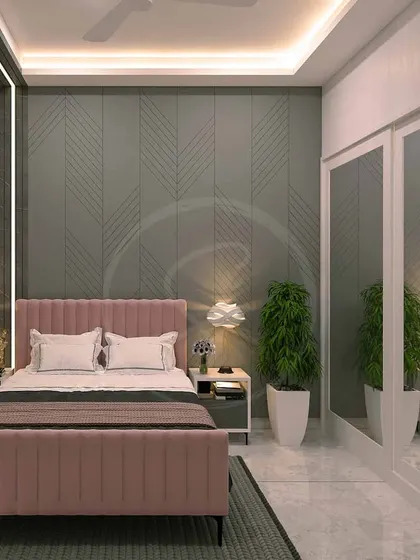 A 3D render of a daughter's bedroom, showcasing a pastel pink, grey, and white color scheme. The design includes a grey accent wall with a geometric pattern and a mirrored sliding wardrobe.