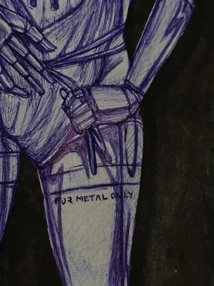 A detail shot of the robot sketch, focusing on the leg and the "FOR METAL ONLY" text. I often add small details and text to my character designs to give them more personality and story.
