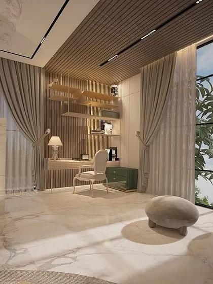 A closer look at the study area within the master suite. The custom desk and shelving are built into a niche with a textured wall, creating a functional workspace that feels integrated with the room's design.