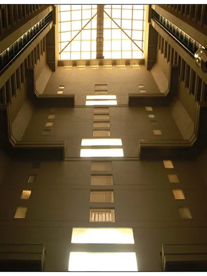 A different perspective of the twin tower atrium in Lower Parel. The geometric precision and the skylight at the top create a cathedral-like space within a residential building.