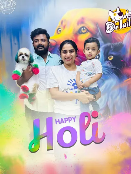 Festivals are for the whole family, including our furry members. For Holi, I use completely pet-safe, non-toxic colours to give dogs like this little one a vibrant and festive makeover that's perfect for family photos.
