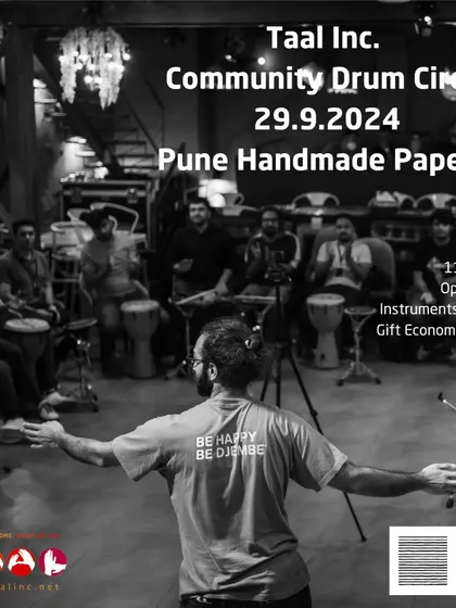An announcement for our upcoming community drum circle. This black and white photo of me conducting the group captures the focus and passion that goes into facilitating these sessions.