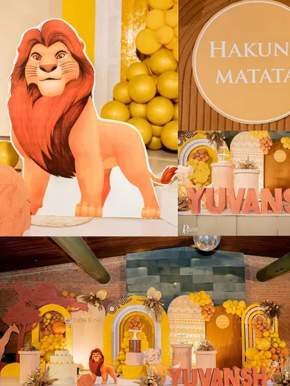 A collage showcasing the grand scale and intricate details of a Lion King birthday party, from the Mufasa cutout to the full stage setup.