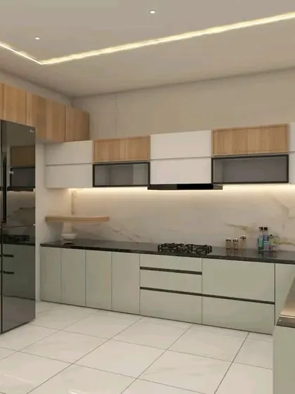 A different view of a 3D kitchen design, highlighting the appliance garage for a double-door fridge and the combination of wood and white finishes.