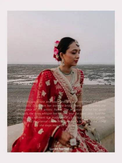 A poetic portrait of the bride, with text overlay describing the artistic vision behind the shot.