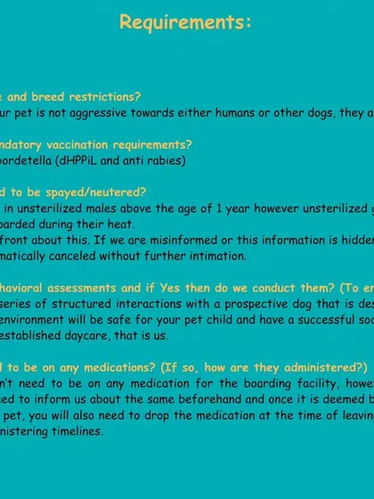 Information on requirements for boarding. This section details our policies on age and breed restrictions, mandatory vaccinations, spay/neuter status, and how we conduct behavioral assessments.