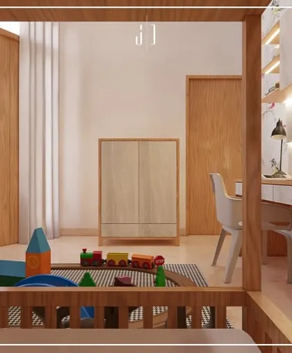 This 3D render shows another angle of the kids' room, highlighting the ample storage solutions with open shelving for toys and a separate wardrobe. The layout is designed to maximize floor space for play.