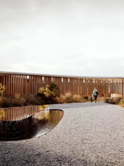 The corridor at Amar Villa uses natural materials and a connection to a water feature to create a peaceful and sensory walking experience.