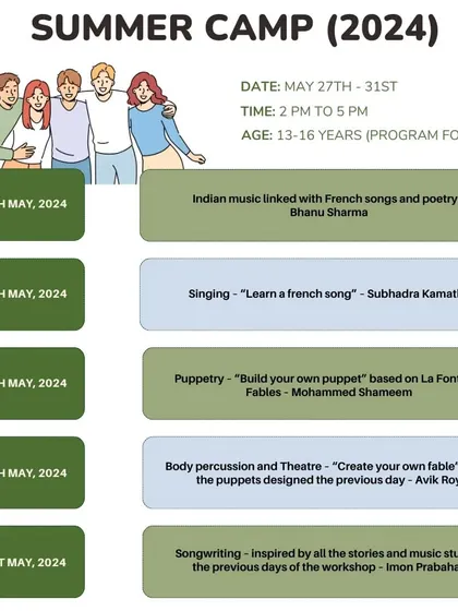 The detailed schedule for our 2024 Summer Camp for teens (13-16 years), including Indian music, French songs, puppetry, and body percussion.