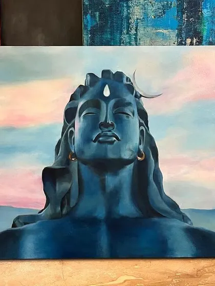 My Adiyogi Shiva painting displayed in the studio among other works. It shows how a spiritual piece can hold its own alongside more contemporary styles.