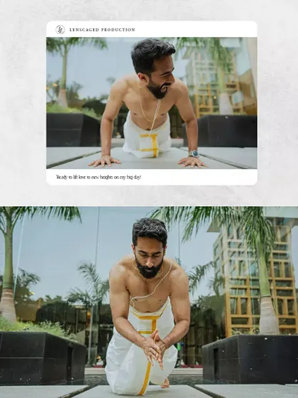 A creative shot of the groom getting ready for his South Indian wedding, combining a moment of fitness with traditional attire.