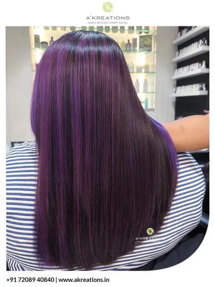 Another angle of the violet hair color, showing the beautiful shine and the even application from root to tip.