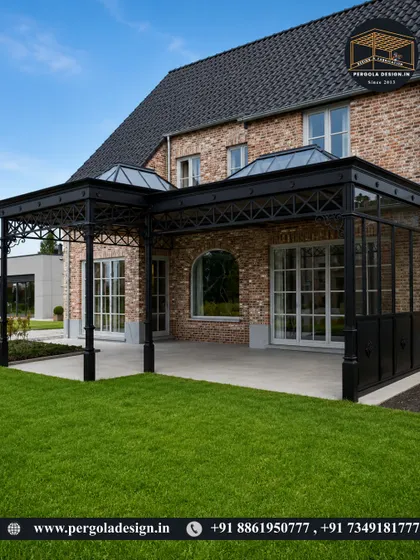 A grand conservatory-style structure with ornate metalwork and domed glass roof sections. This is a high-luxury option for creating a spectacular all-weather outdoor living room.