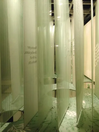 An immersive view of the 'Cherish' installation, where visitors walk through a forest of layered, printed fabrics. Pools of reflection on the floor mirror the installation, adding another layer of meaning to this experience of forest bathing.