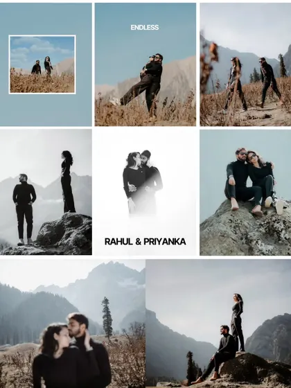 A mood board of stunning portraits from Rahul and Priyanka's mountain pre-wedding shoot. The mix of black and white, close-ups, and wide shots showcases the full, epic story of their adventure.