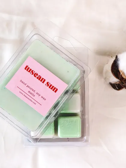 One of our favorite fragrances to date, 'Tuscan Sun', in a fresh green wax melt.