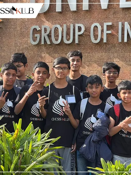 Our team of students, looking sharp in their ChessKlub shirts, ready to compete at the Universal Group of Institutions. We travel together as a team and support each other.