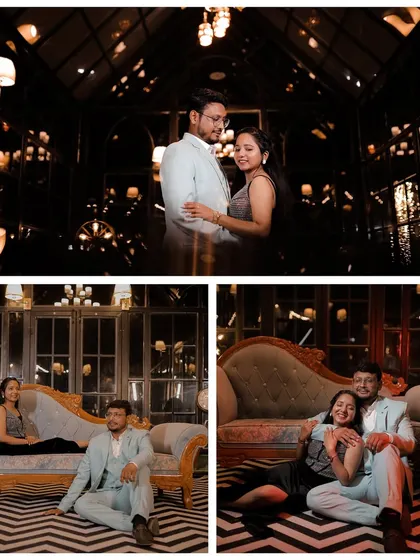 A sophisticated and moody shoot in our glasshouse set, using the reflections and warm lighting to create an intimate and glamorous series of portraits.