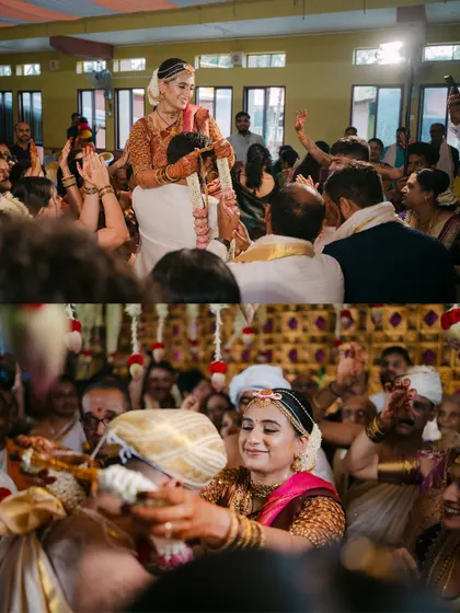 A collage capturing the fun and excitement of the wedding rituals, with the bride and groom playfully competing during the garland exchange.