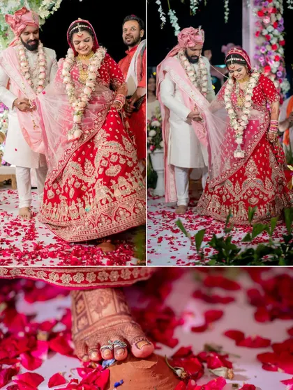 The 'saptapadi' ritual at a Gujarati wedding, where the bride touches a series of betel nuts, symbolizing the seven vows of marriage.
